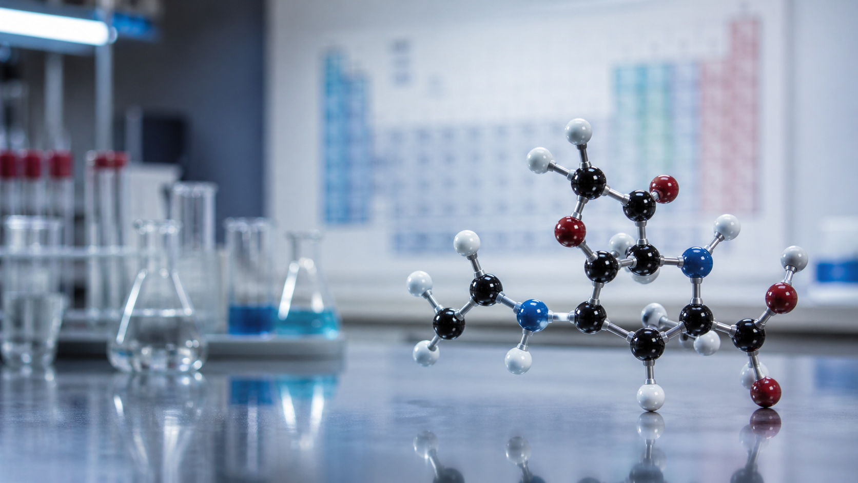 Molecular model in a laboratory beside periodic-table research materials