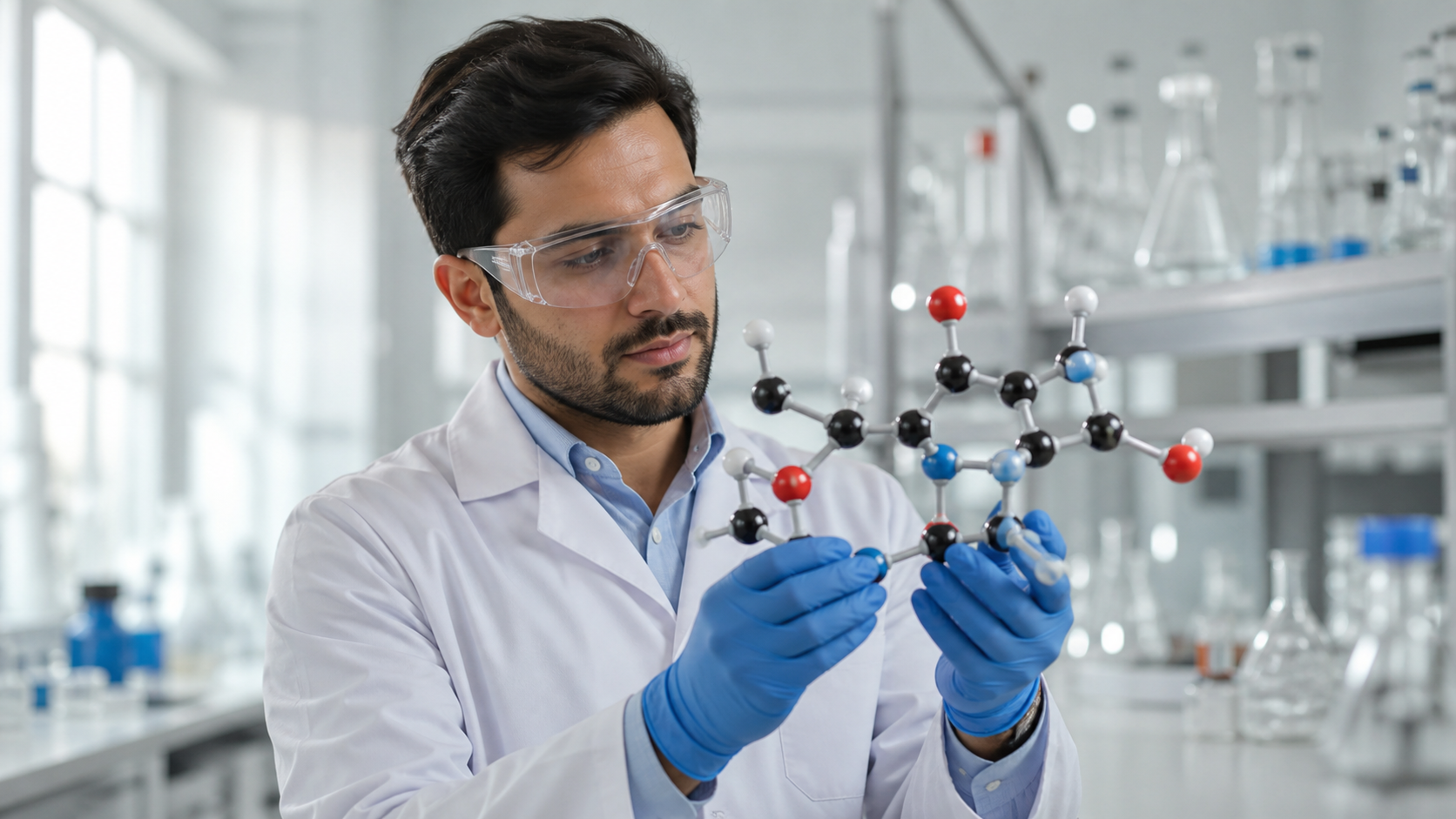 Researcher examining a molecular model in a laboratory